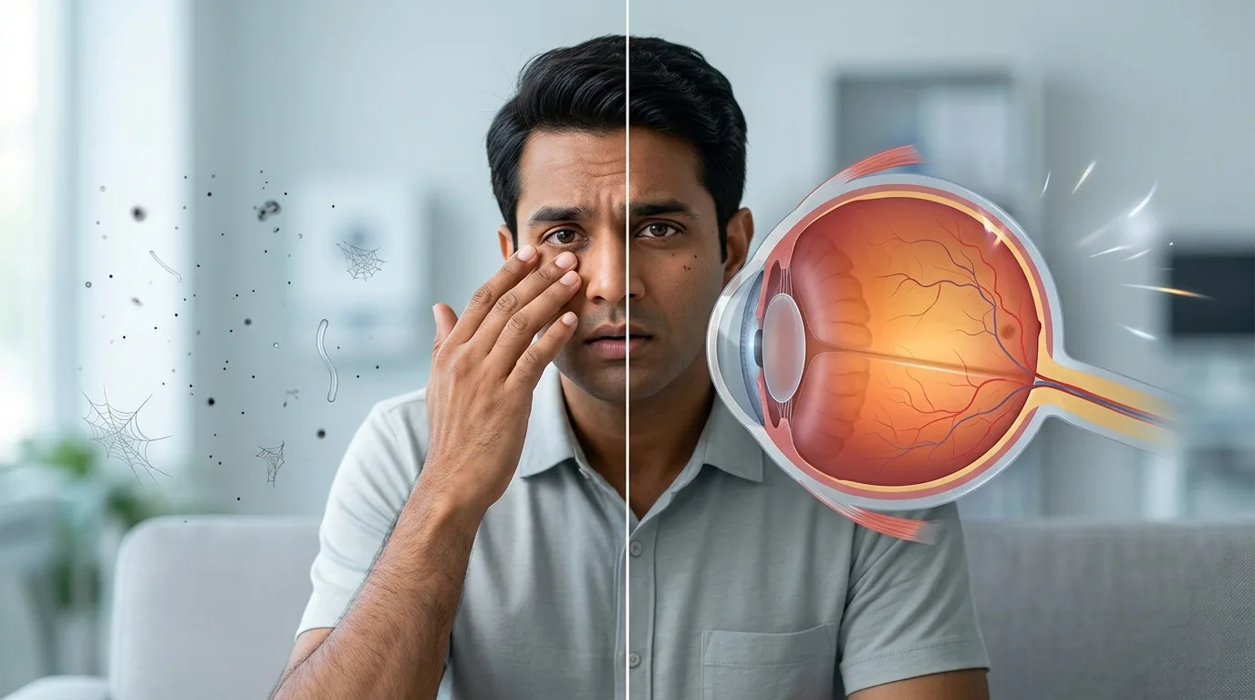 Comparison of eye floaters and flashes showing visual symptoms that may indicate retinal problems requiring prompt eye examination.