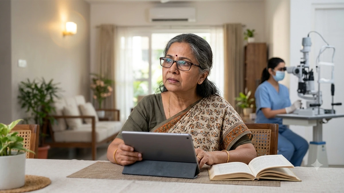Older adult undergoing an eye examination for cataracts, highlighting vision changes and signs that may indicate the need for cataract surgery.