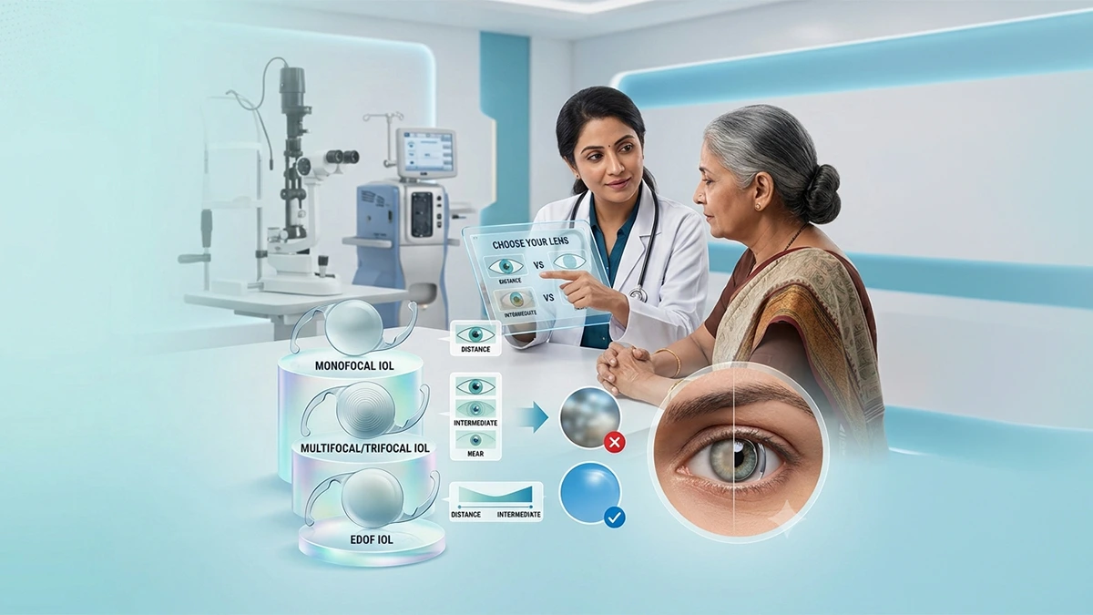 Comparison of cataract surgery IOL lens types including monofocal, multifocal, EDOF, and toric lenses for vision correction.
