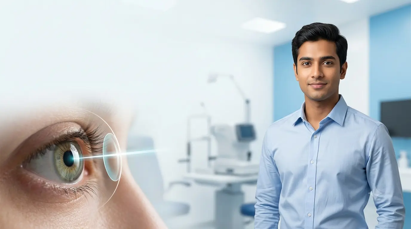 Patient undergoing a LASIK eye examination to assess long-term vision correction, results, benefits, and potential risks.