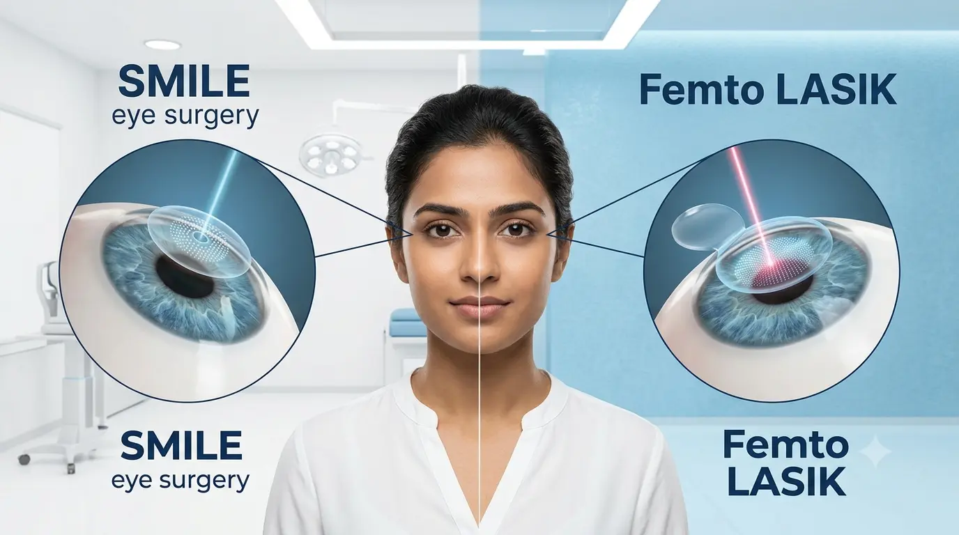 Comparison of SMILE and Femto LASIK eye surgery showing different laser vision correction techniques, benefits, recovery, and treatment options.