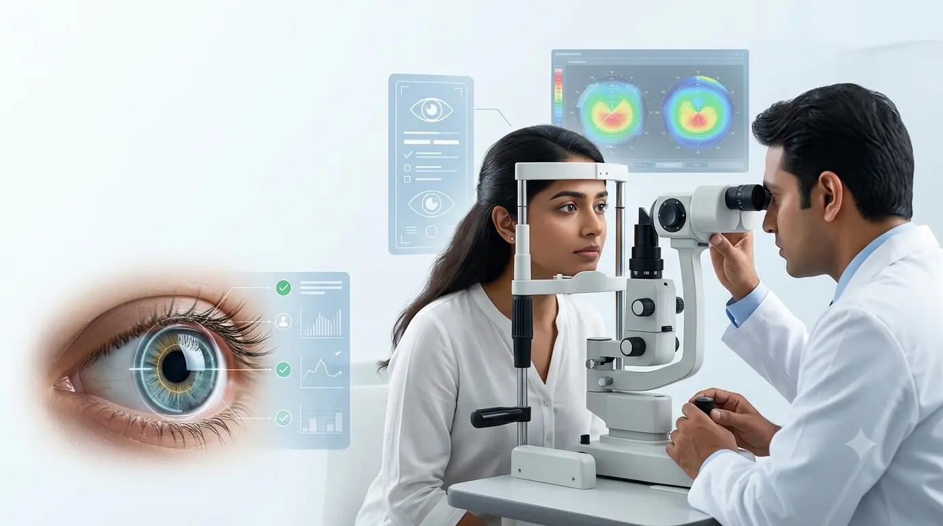 Eye specialist evaluating a patient's LASIK eligibility through corneal and eye health tests before laser vision correction surgery.