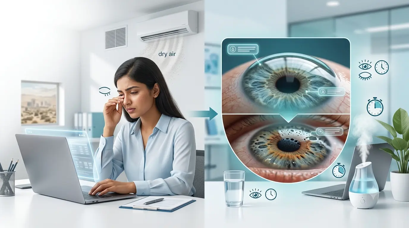Person experiencing dry, irritated eyes after prolonged screen use, highlighting common causes, symptoms, prevention, and dry eye care.