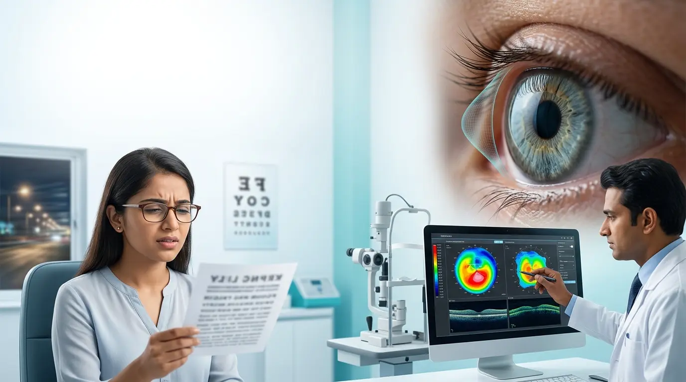 Patient undergoing a corneal examination for early keratoconus signs, including blurred vision, light sensitivity, and changing prescriptions.