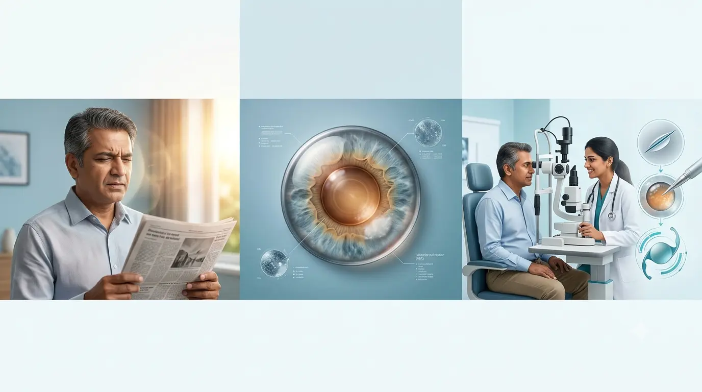 Eye specialist examining a patient for posterior subcapsular cataract, highlighting lens opacity, vision symptoms, diagnosis, and treatment options.