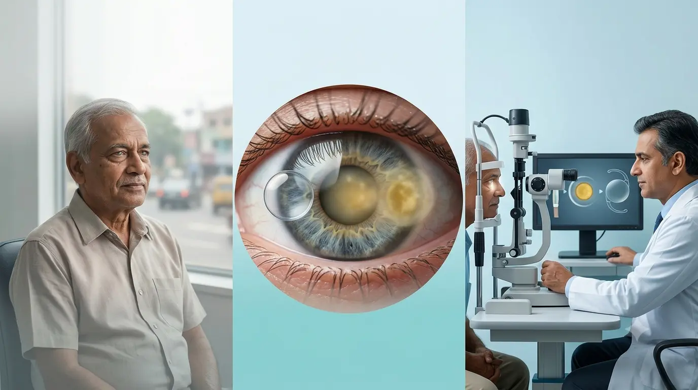 Eye specialist examining a patient for nuclear cataract, assessing lens clouding, vision changes, progression, and treatment options.