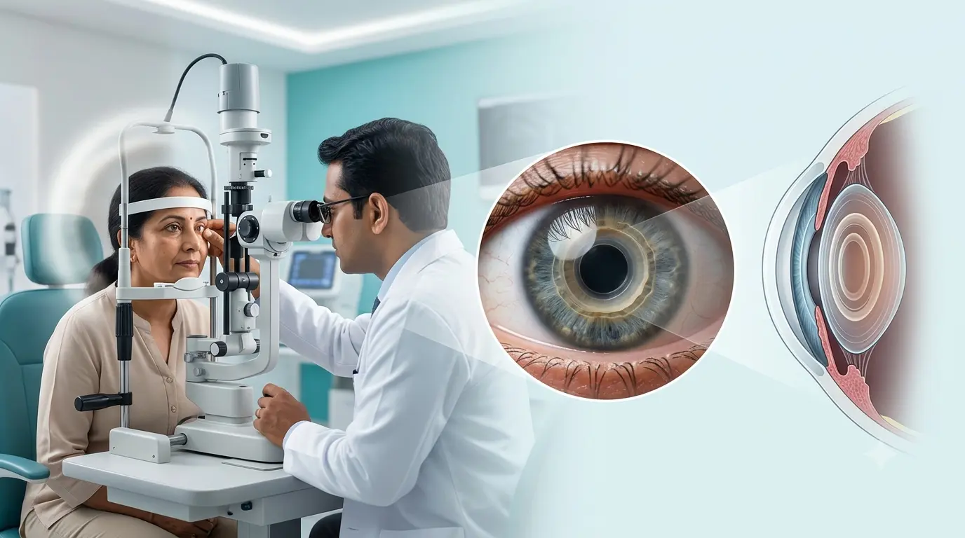 Eye specialist examining a patient for lamellar cataract, highlighting lens opacity, symptoms, diagnosis, and treatment options.