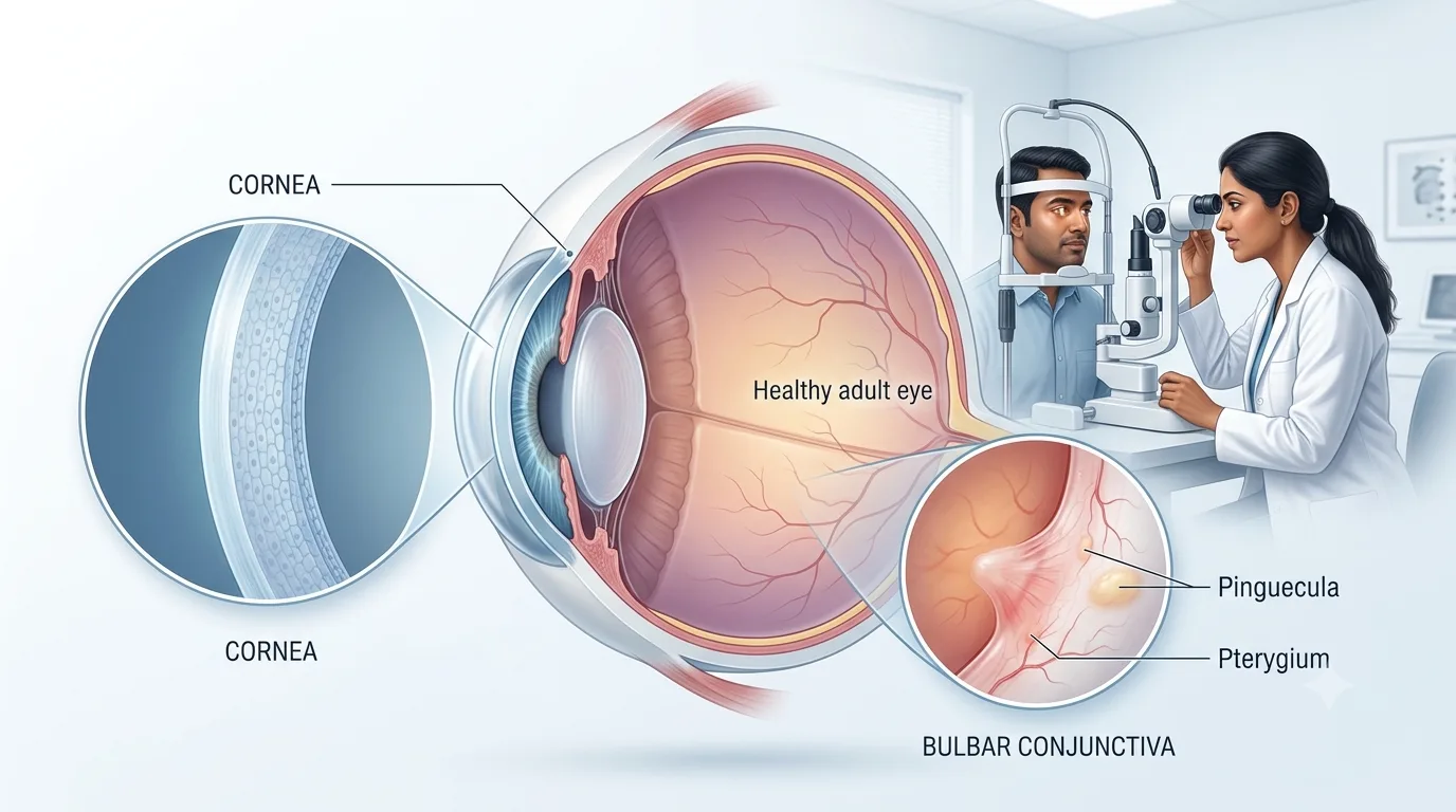 Illustration of the bulbar conjunctiva covering the white part of the eye, showing its anatomy, function, and common eye conditions.