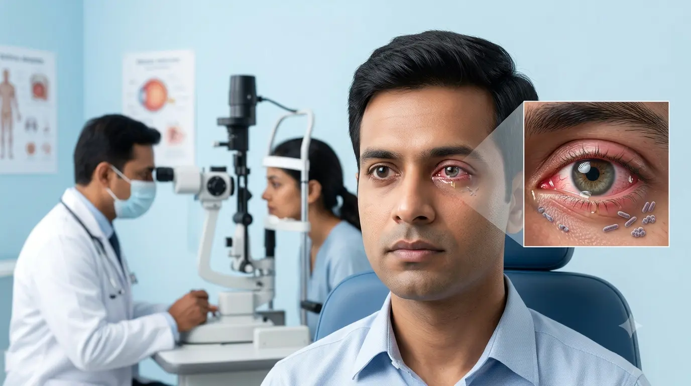 Person with bacterial conjunctivitis experiencing red, irritated eyes and discharge, highlighting symptoms, treatment, and prevention.