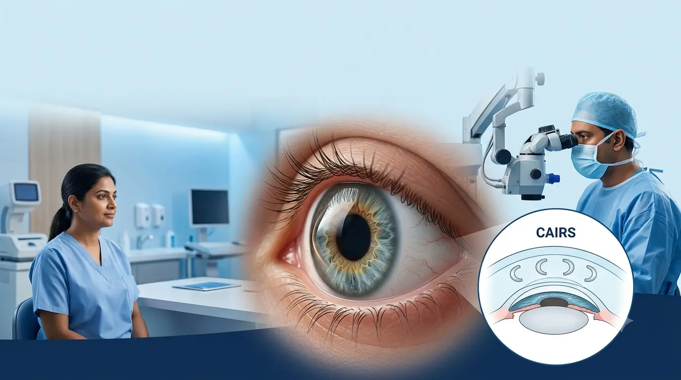 Eye specialist performing CAIRS surgery for keratoconus, using corneal implants to help improve corneal shape and visual function.