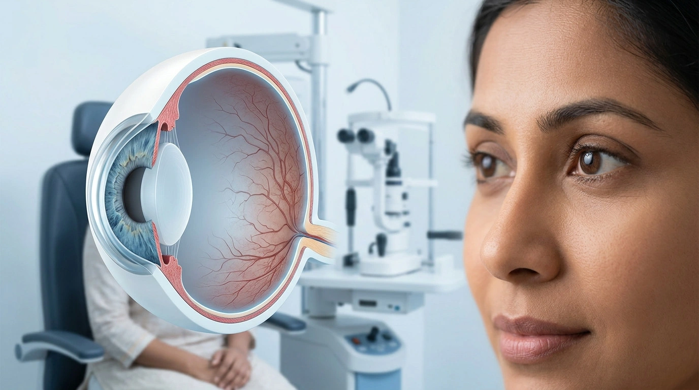 Eye anatomy illustration showing the uvea, including the iris, ciliary body, and choroid, with their functions and related eye diseases.