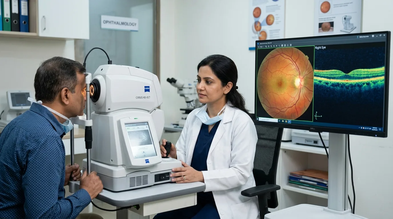 Eye specialist performing a retina scan to examine the back of the eye and detect retinal conditions affecting vision.