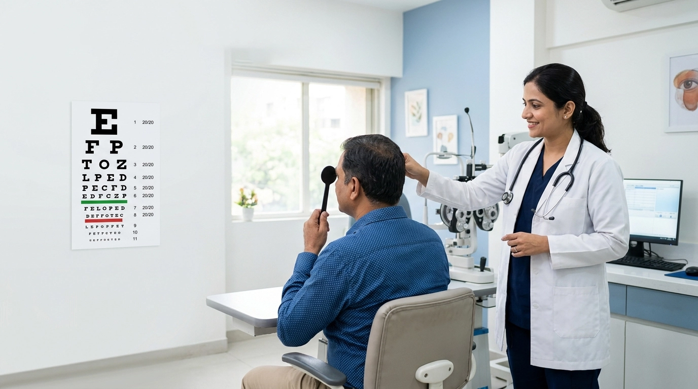 Eye specialist conducting a visual acuity test using near and distance vision charts to assess a patient's eyesight.