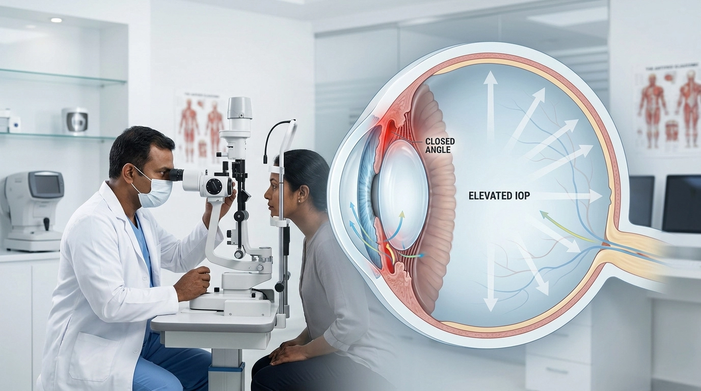 Eye specialist examining a patient with malignant glaucoma to assess eye pressure, symptoms, and urgent treatment needs.