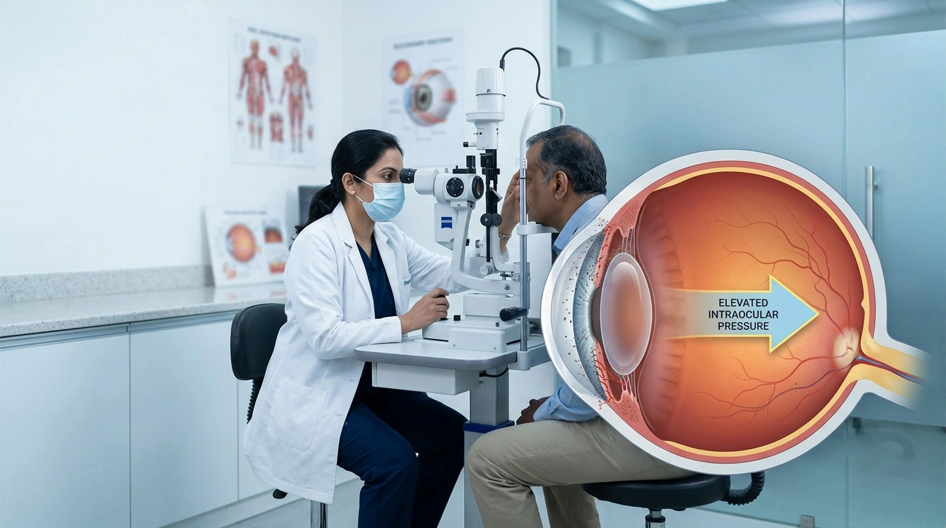 Eye specialist examining a patient for secondary glaucoma, assessing eye pressure, optic nerve health, causes, diagnosis, and treatment options.