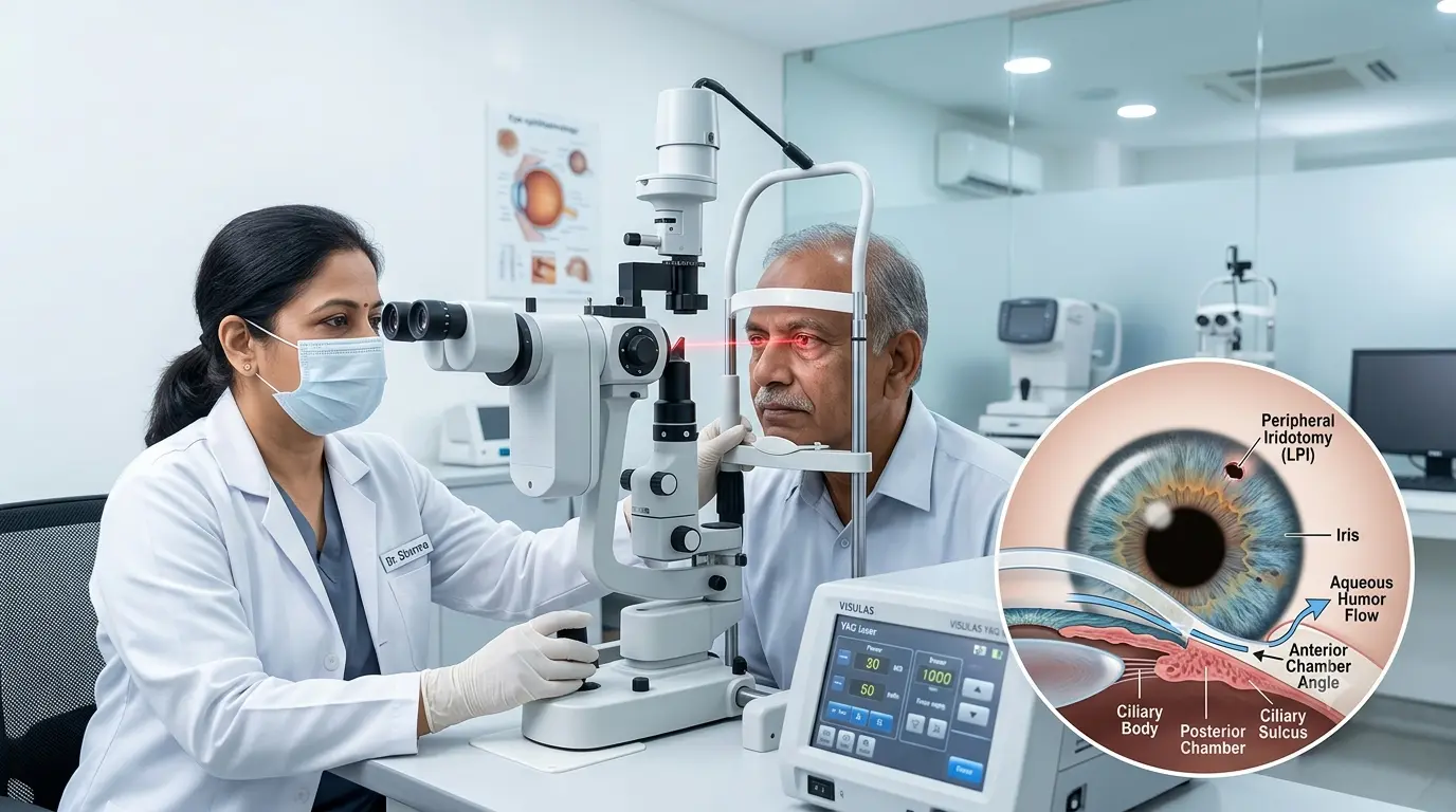 Eye specialist performing YAG laser peripheral iridotomy to create a small opening in the iris and improve fluid drainage inside the eye.