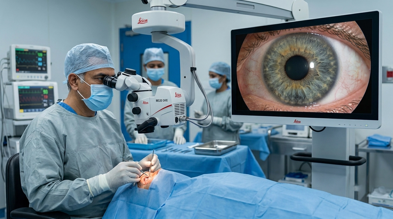 Eye surgeon performing trabeculectomy surgery to create a new drainage pathway and help lower elevated eye pressure caused by glaucoma.