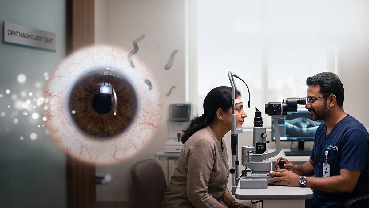 Person experiencing warning signs of eye problems while an eye specialist performs an examination to assess vision and eye health.