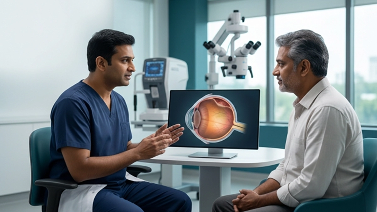 Eye specialist discussing vitrectomy surgery with a patient, including warning signs, potential benefits, risks, recovery, and post-surgery care.