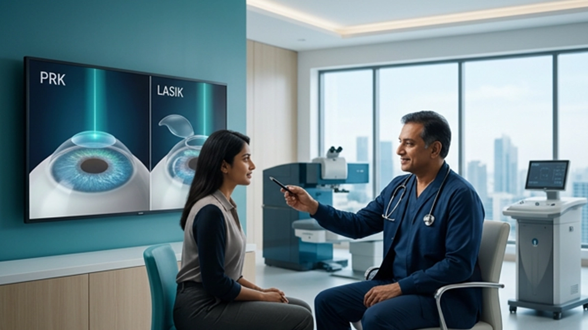 Eye specialist comparing PRK and LASIK eye surgery options with a patient, including eligibility, corneal factors, benefits, risks, and recovery.