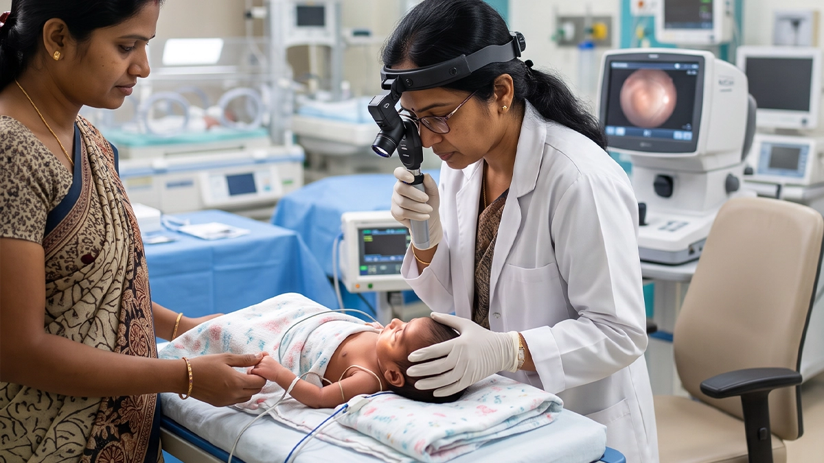 Eye specialist performing ROP screening for a premature baby to check retinal development and identify signs of retinopathy of prematurity.