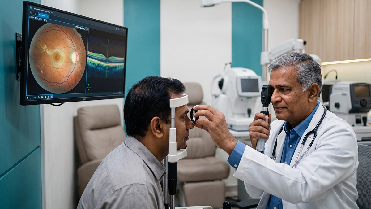 Eye specialist examining a patient with high myopia and discussing prescription strength, retinal risks, warning signs, and eye health.