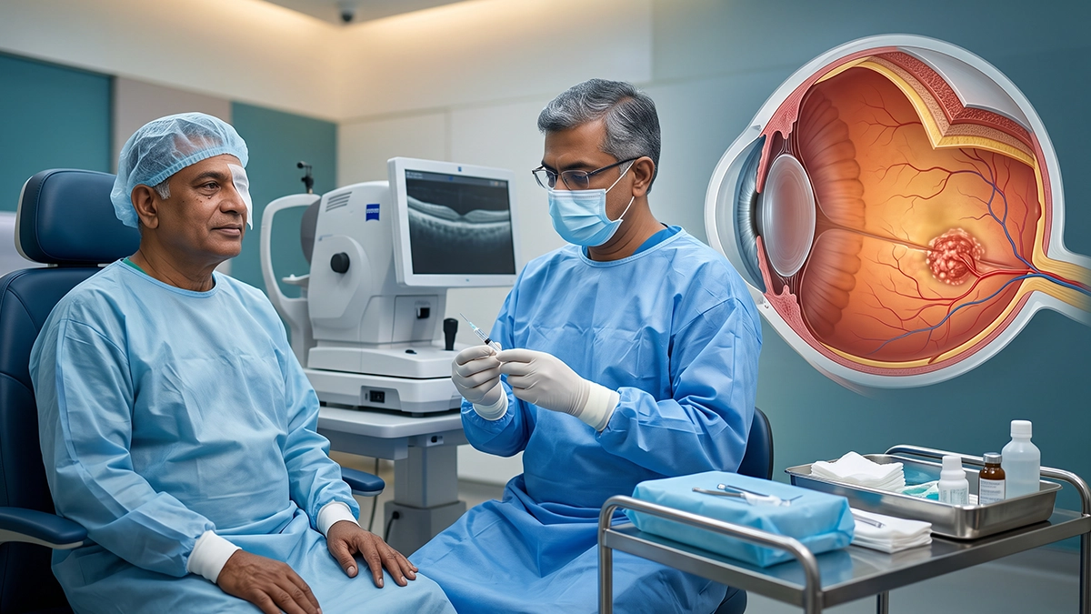 Eye specialist explaining anti-VEGF eye injections, including their uses, procedure, benefits, risks, and recovery to a patient.
