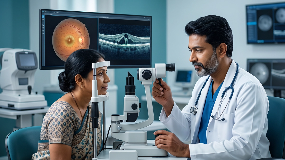 Eye specialist examining the retina for macular edema and assessing swelling, central vision changes, diagnostic tests, and treatment options.