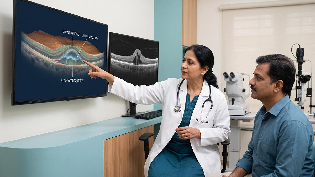Eye specialist examining the retina for central serous chorioretinopathy and assessing fluid buildup, vision changes, and treatment options.