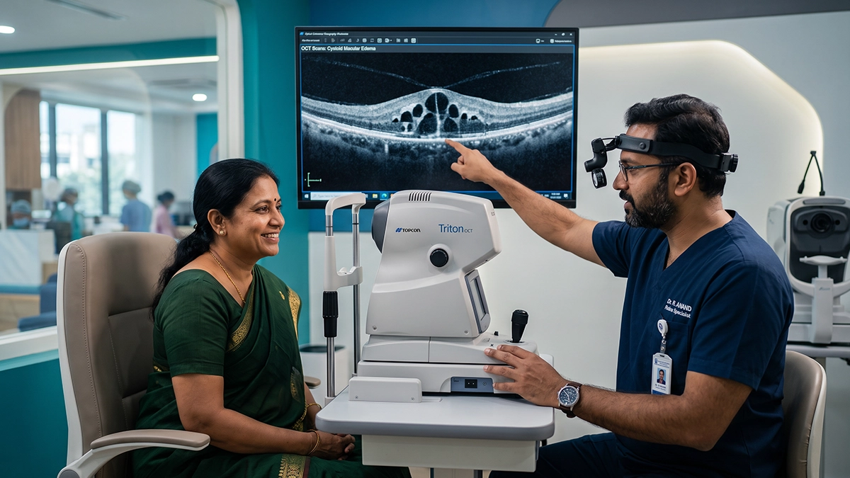 Eye specialist examining the retina for cystoid macular edema using retinal imaging to assess macular swelling, symptoms, and treatment options.