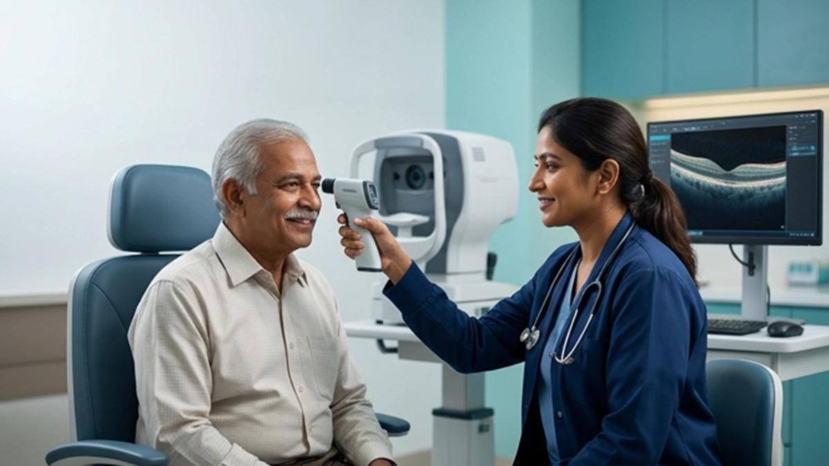 Senior having a glaucoma screening while an eye specialist checks eye pressure, optic nerve health, and other glaucoma risk factors.