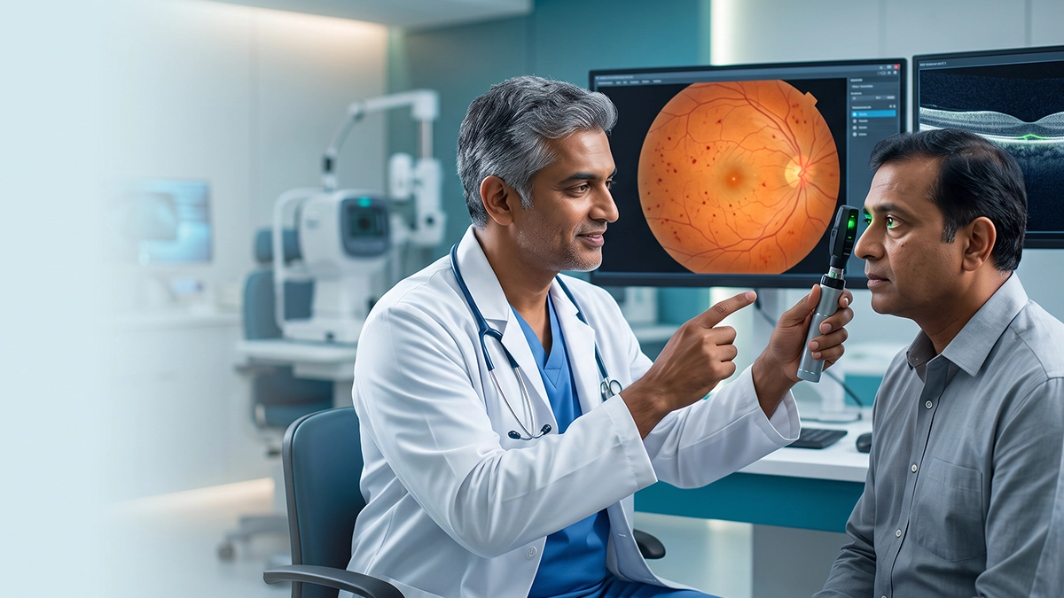 Eye specialist examining the retina for non-proliferative diabetic retinopathy and explaining its stages, symptoms, diagnosis, and treatment options.