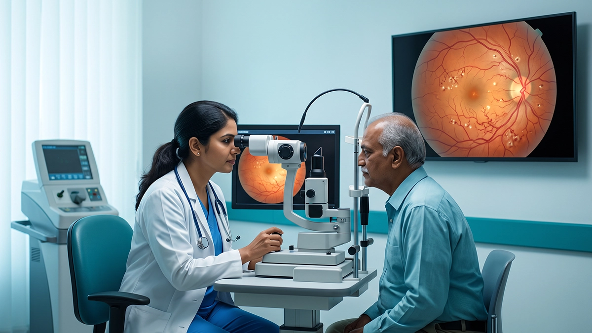 Eye specialist examining the retina for proliferative diabetic retinopathy and explaining symptoms, diagnosis, treatment, and vision risks.