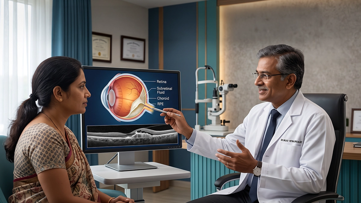 Eye specialist examining the retina for exudative retinal detachment and assessing symptoms, causes, fluid buildup, and treatment options.