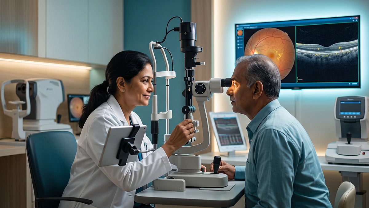 Eye specialist examining the retina for signs of retinal degeneration using advanced retinal imaging and diagnostic eye tests.