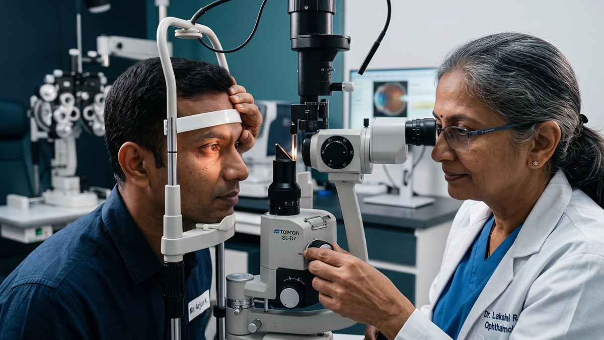 Eye specialist examining a patient for anterior uveitis and assessing eye redness, pain, light sensitivity, inflammation, and vision changes.