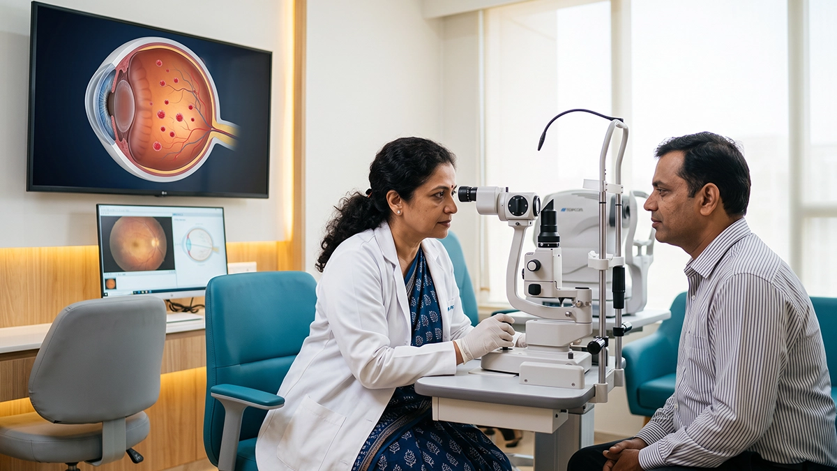 Eye specialist examining a patient with possible Behcet's disease-related uveitis, assessing eye inflammation, redness, pain, and vision changes.