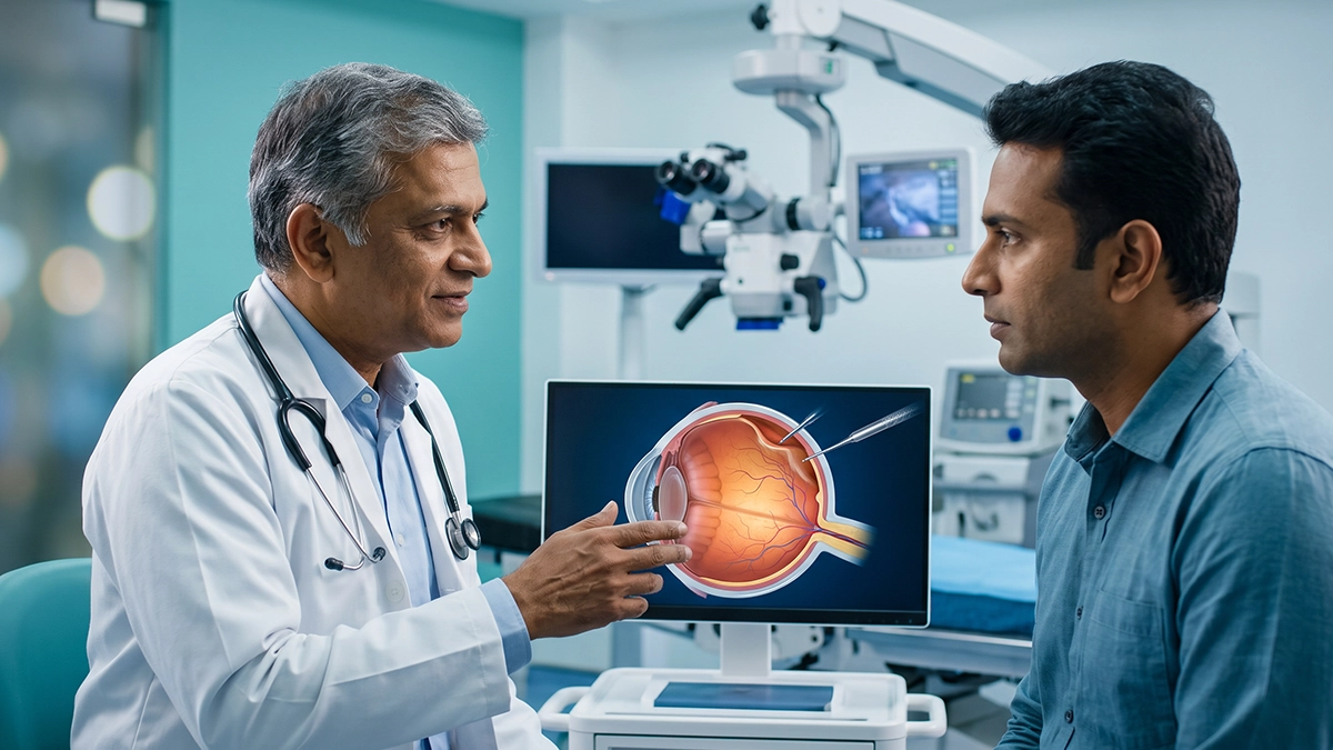 Eye specialist explaining retinal detachment repair surgery, recovery stages, vision changes, and essential post-surgery eye care.