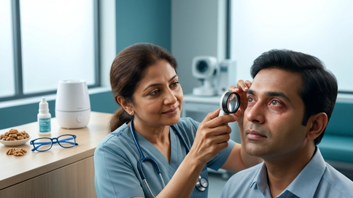 Person experiencing persistent dry eyes while an eye specialist examines the eyes and discusses possible causes, warning signs, and relief options.