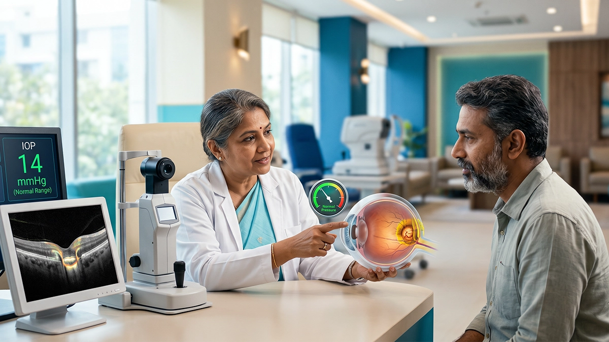 Eye specialist examining a patient with normal eye pressure while assessing the optic nerve for signs of low-tension glaucoma.