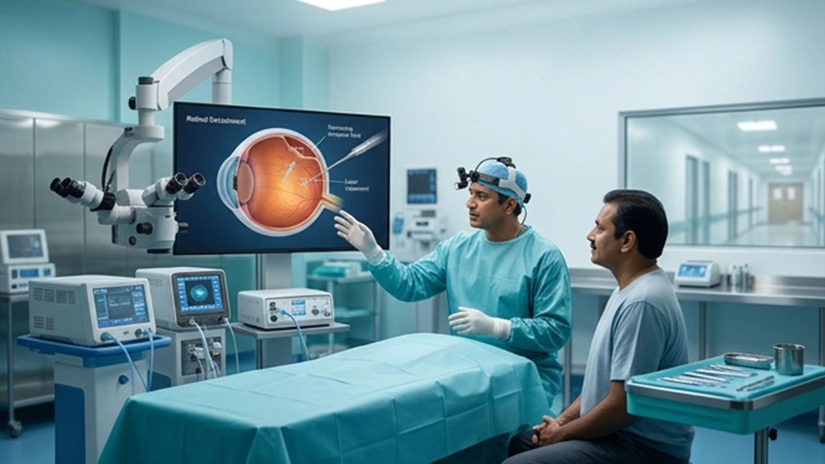 Eye specialist explaining retinal detachment surgery, treatment steps, recovery stages, vision changes, and essential post-surgery eye care.