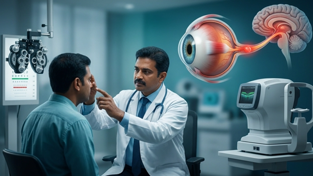 Eye specialist examining a patient with optic neuritis symptoms, including eye pain and blurred vision, to assess optic nerve health and vision changes.