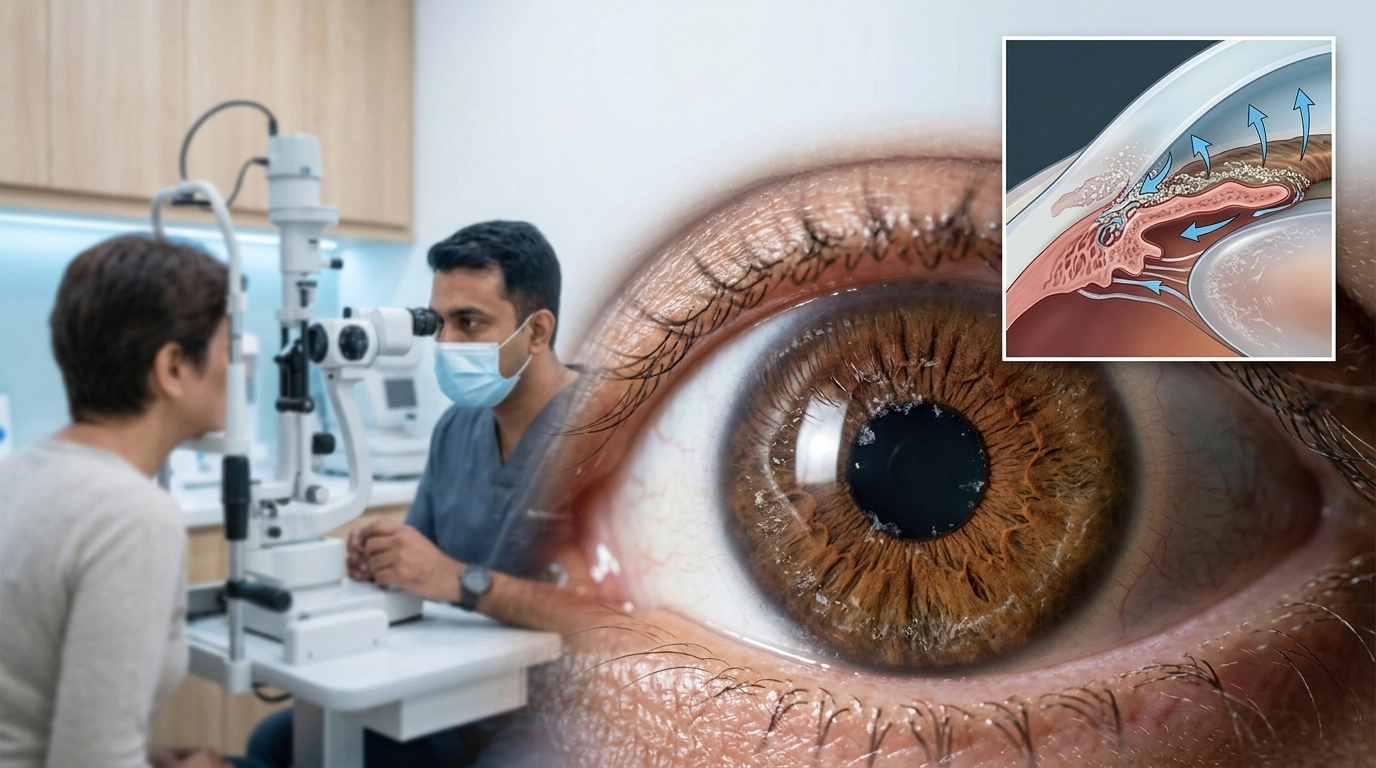 Eye specialist examining a patient for pseudoexfoliation syndrome, checking the eye for deposits, elevated pressure, and glaucoma risk.