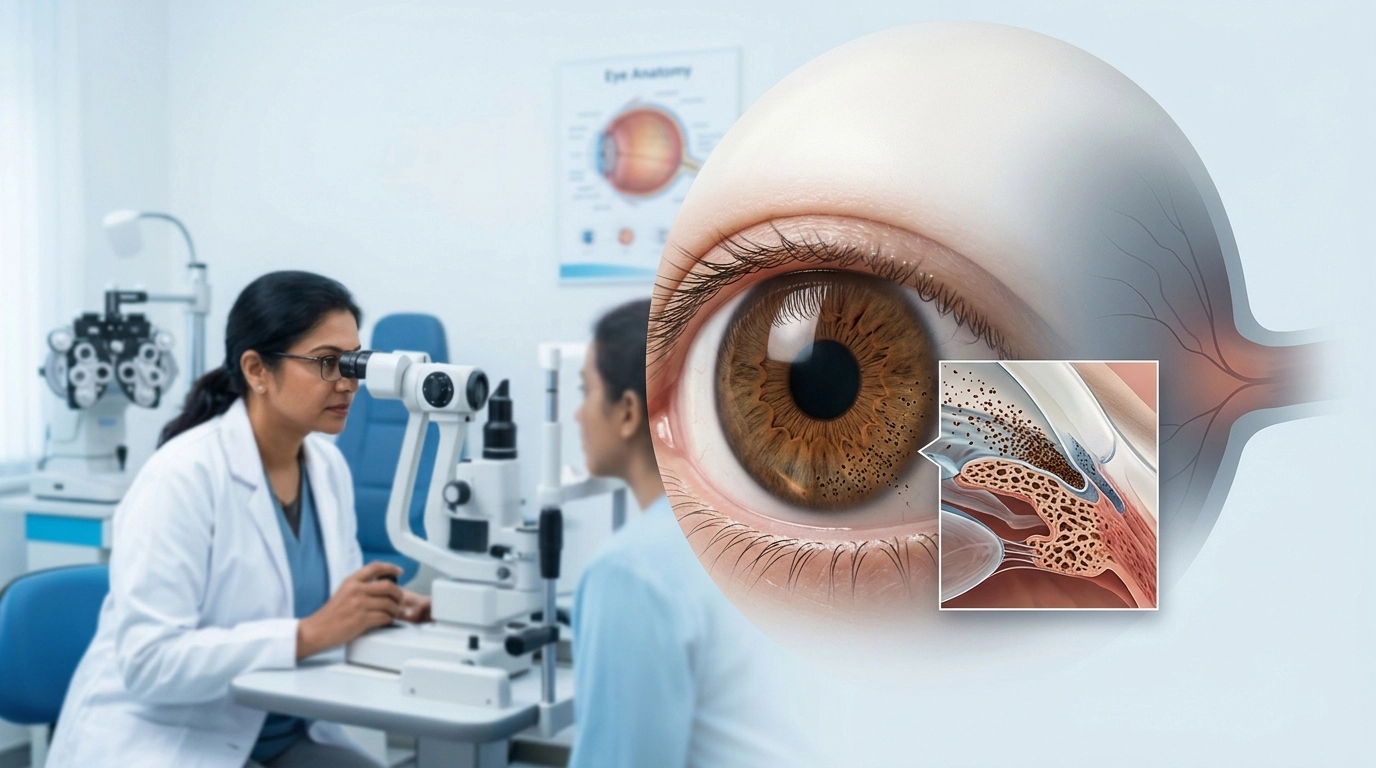 Eye specialist examining a patient for pigmentary glaucoma, assessing eye pressure, iris pigment dispersion, optic nerve health, and vision.