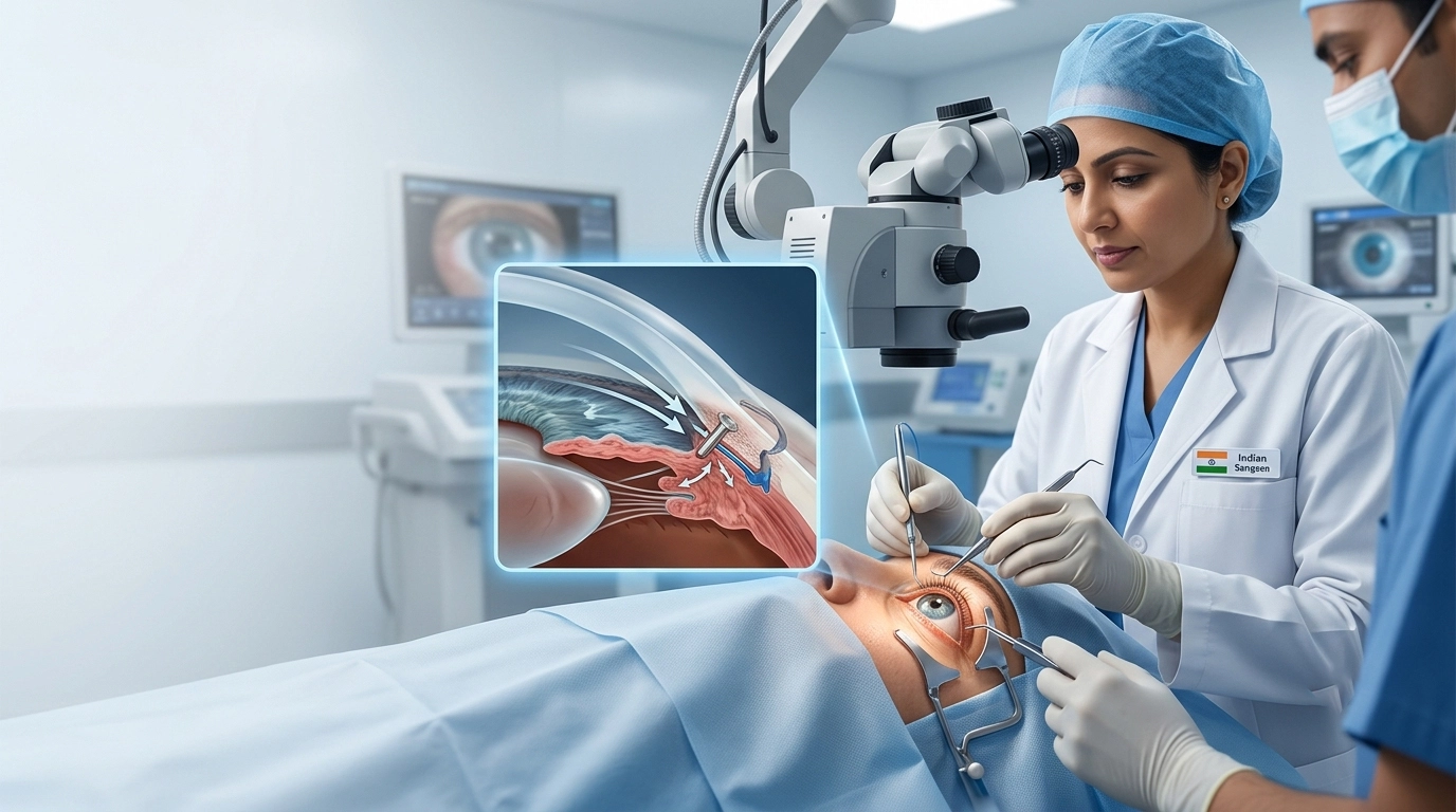 Eye surgeon performing minimally invasive glaucoma surgery to improve fluid drainage and help lower pressure inside the eye.