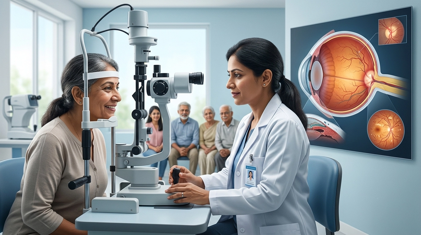 Eye specialist performing a glaucoma screening to assess eye pressure and optic nerve health in a patient with glaucoma risk factors.