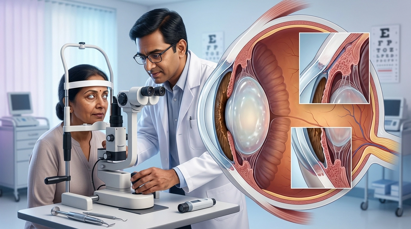 Eye specialist examining a patient with phacomorphic glaucoma, assessing elevated eye pressure, cataract-related symptoms, and urgent treatment needs.