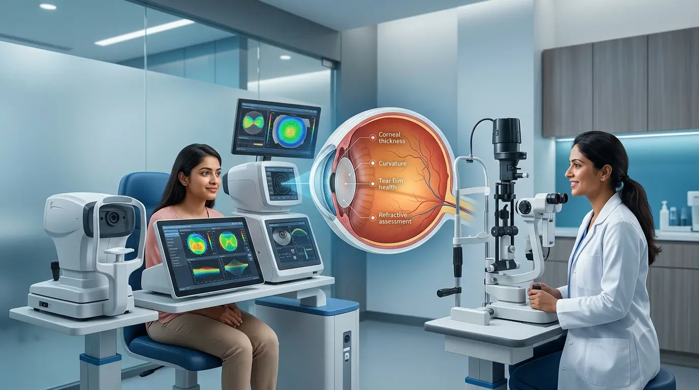 Eye specialist evaluating a patient's LASIK eligibility, age, corneal health, and vision stability before laser eye surgery.