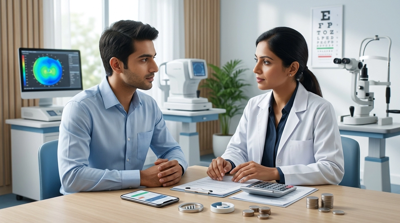 Patient discussing LASIK surgery costs and payment options with an eye specialist while planning affordable laser vision correction.