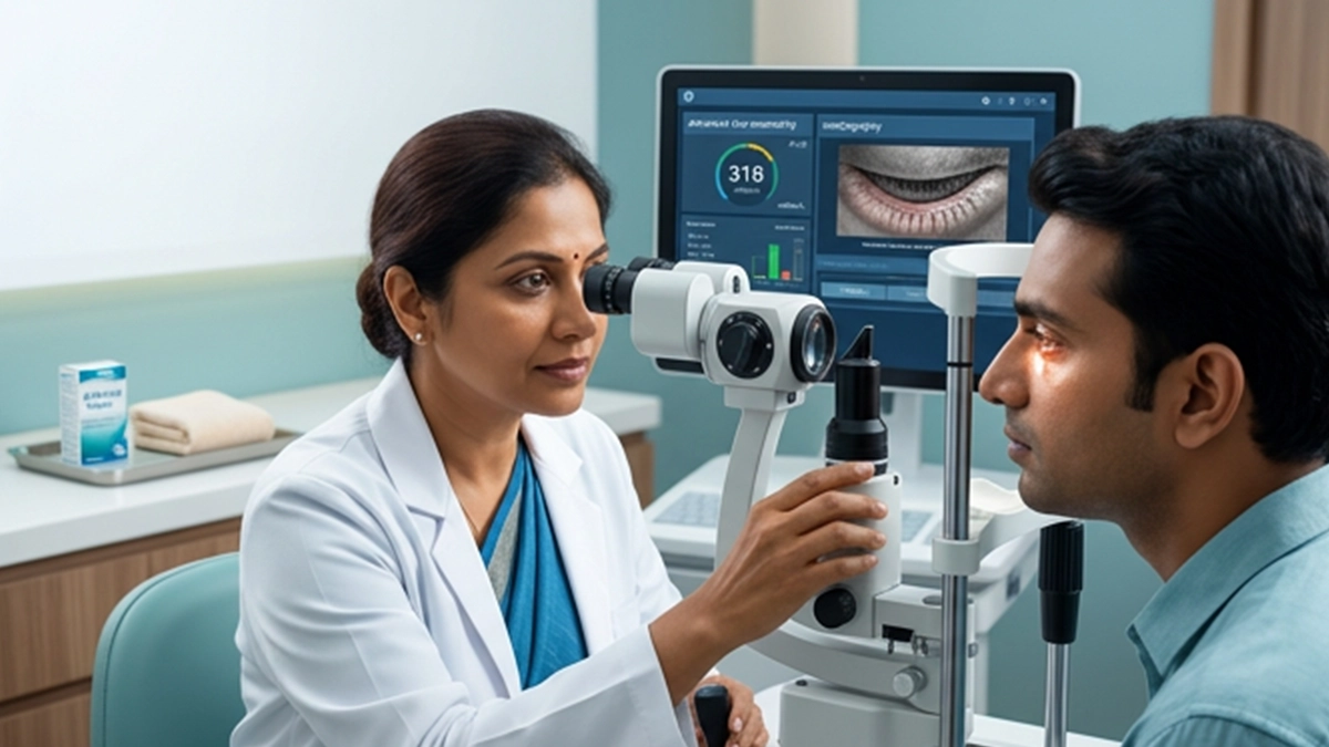 Eye specialist examining a patient with dry eye disease and discussing symptoms, causes, diagnostic tests, treatment options, and relief strategies.